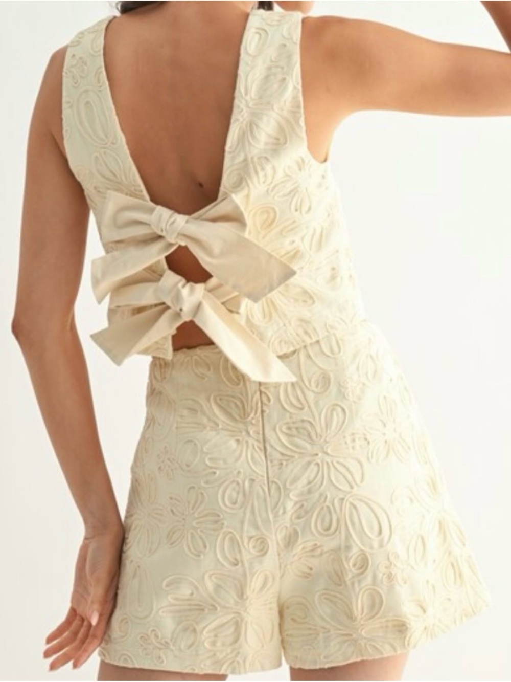 Vestique Camellia cream floral embroidered tie back top and shorts coquette set